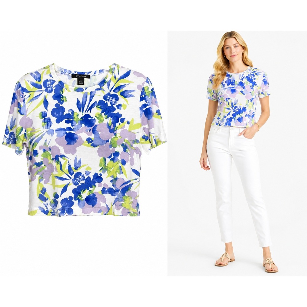 St. John T-Shirt Womens M White Blue Floral Abstract Crew Neck Short Sleeve Top